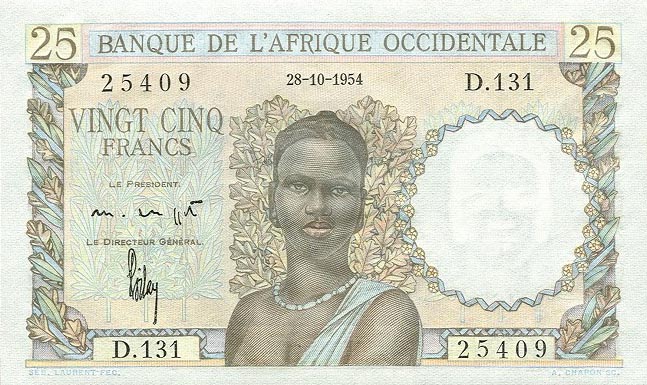 Front of French West Africa p38a: 25 Francs from 1943