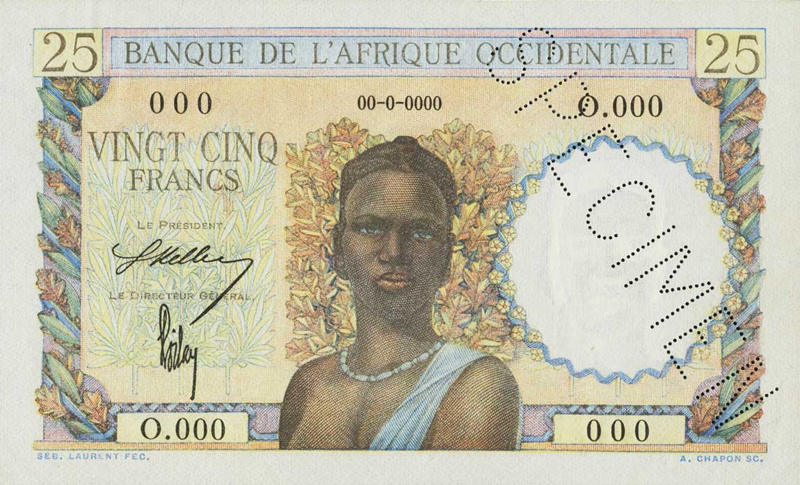 Front of French West Africa p38s: 25 Francs from 1943