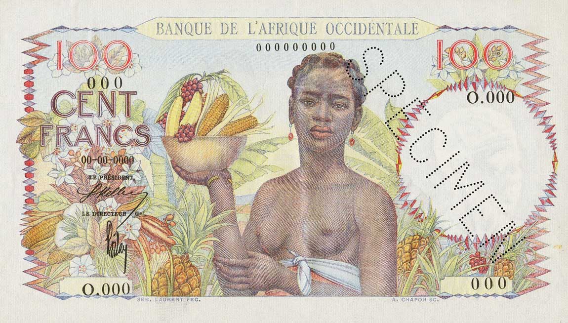 Front of French West Africa p40s: 100 Francs from 1945