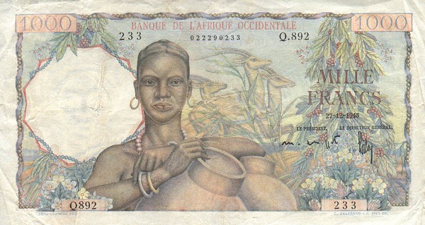 Front of French West Africa p42a: 1000 Francs from 1948