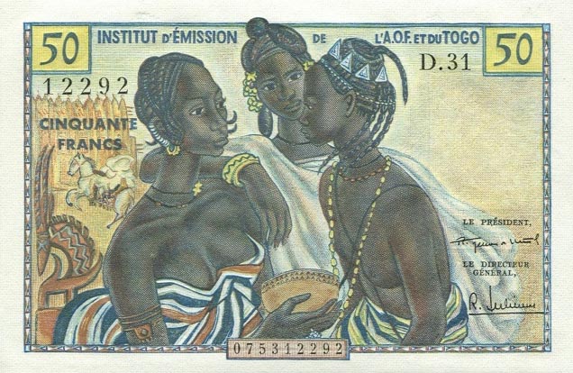 Front of French West Africa p45a: 50 Francs from 1956