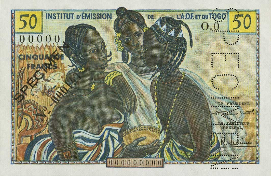 Front of French West Africa p45s: 50 Francs from 1956