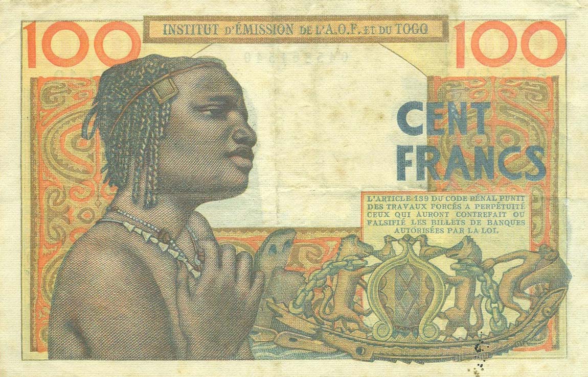 Back of French West Africa p46a: 100 Francs from 1956