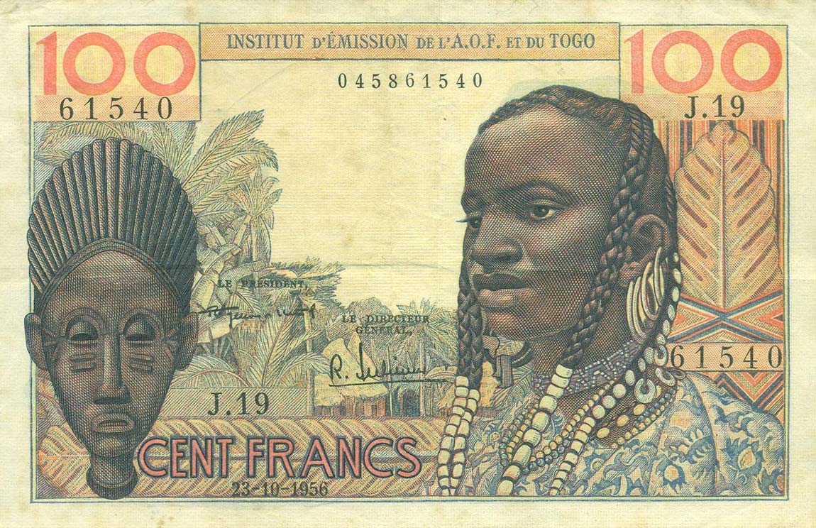 Front of French West Africa p46a: 100 Francs from 1956