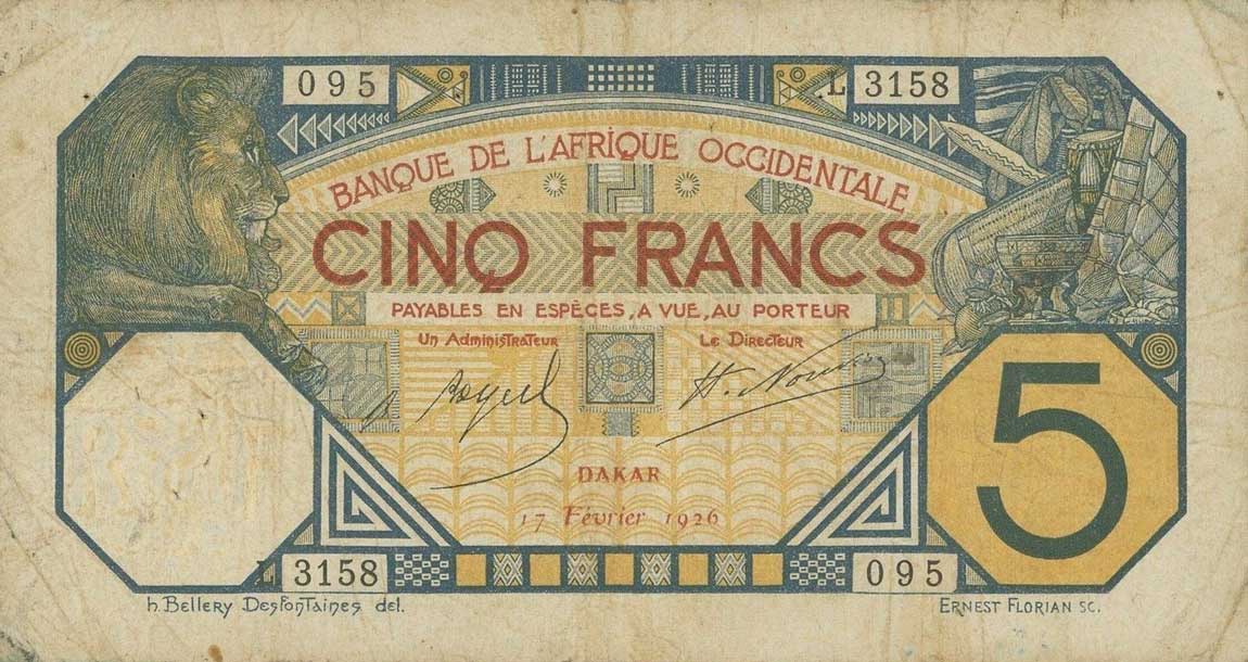Front of French West Africa p5Bd: 5 Francs from 1926