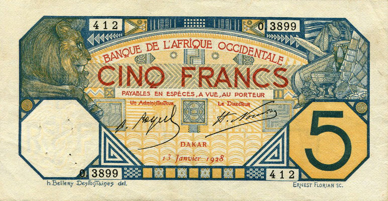 Front of French West Africa p5Be: 5 Francs from 1928