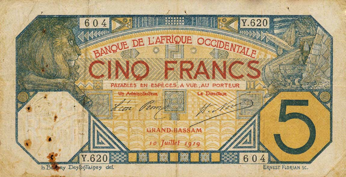 Front of French West Africa p5Db: 5 Francs from 1916