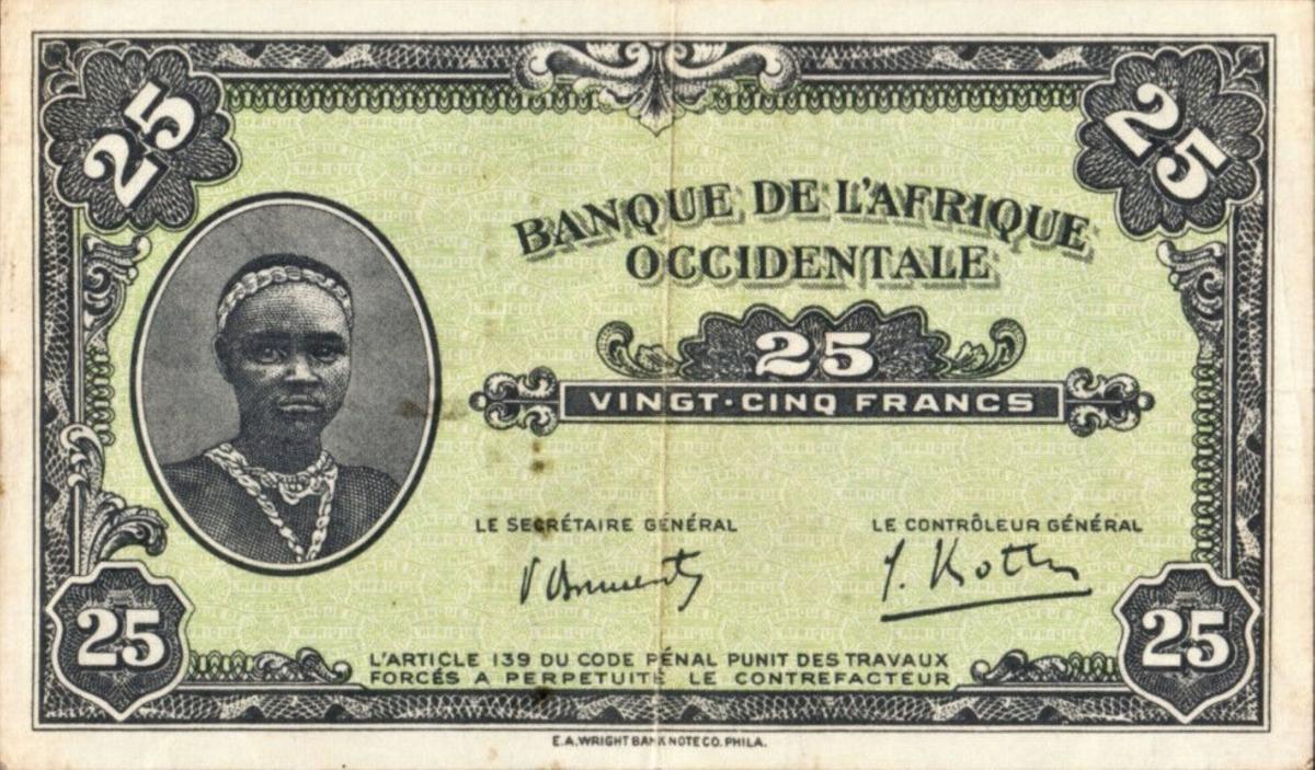 Front of French West Africa p30c: 25 Francs from 1942