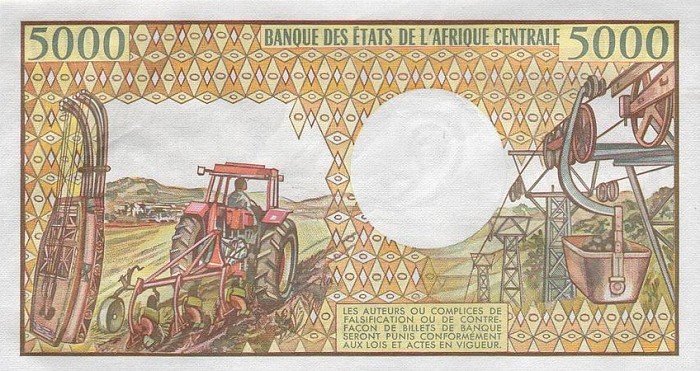 Back of Gabon p6a: 5000 Francs from 1984