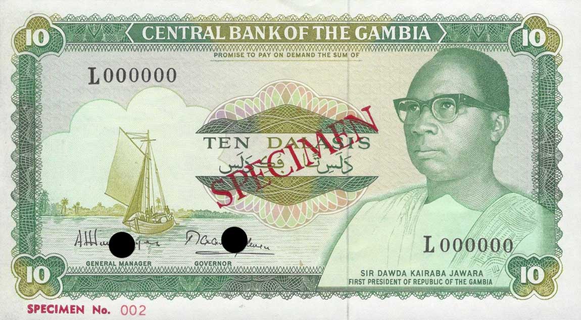 Front of Gambia p10s: 10 Dalasis from 1987