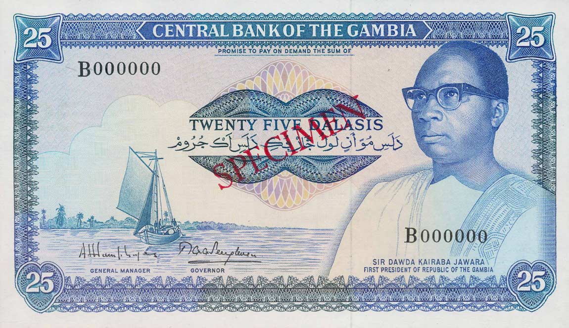 Front of Gambia p11s: 25 Dalasis from 1987