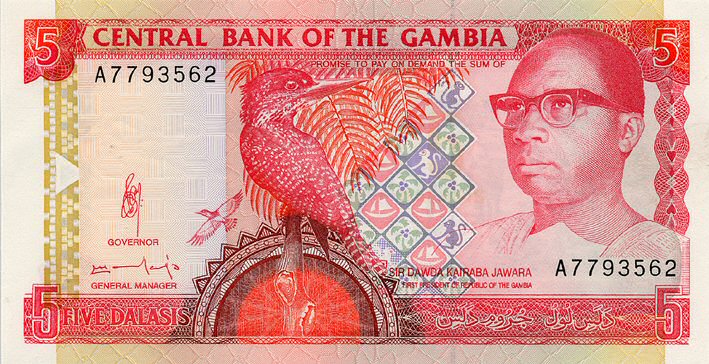 Front of Gambia p12b: 5 Dalasis from 1991