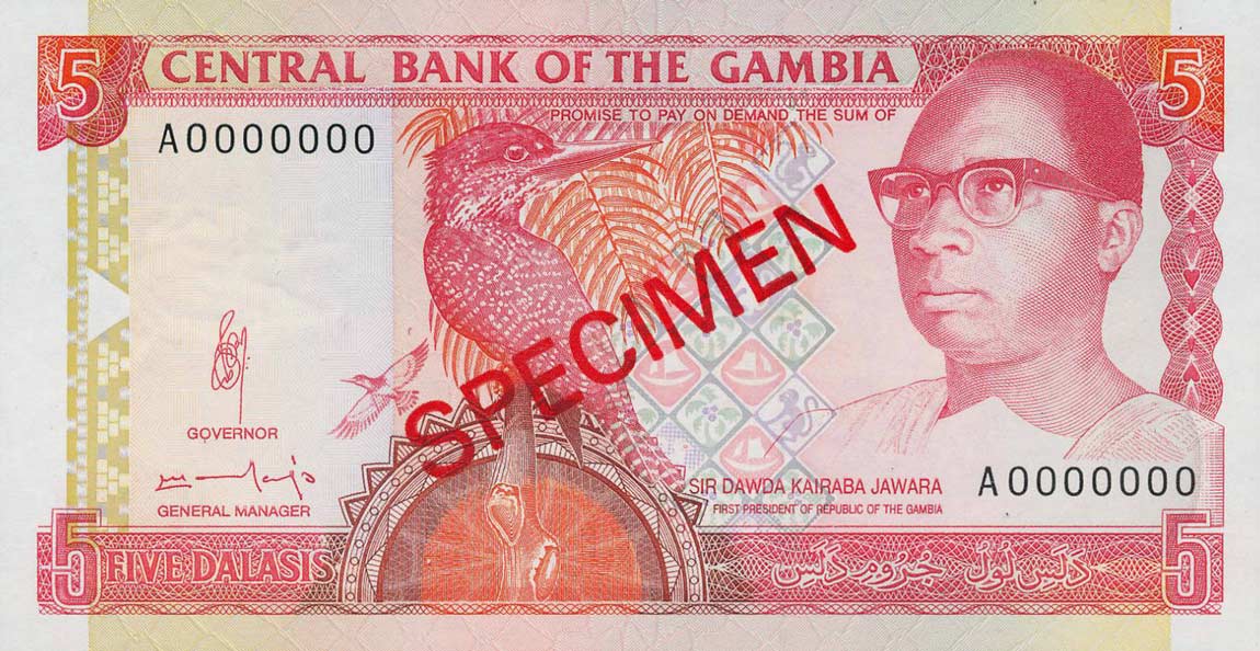 Front of Gambia p12s: 5 Dalasis from 1991
