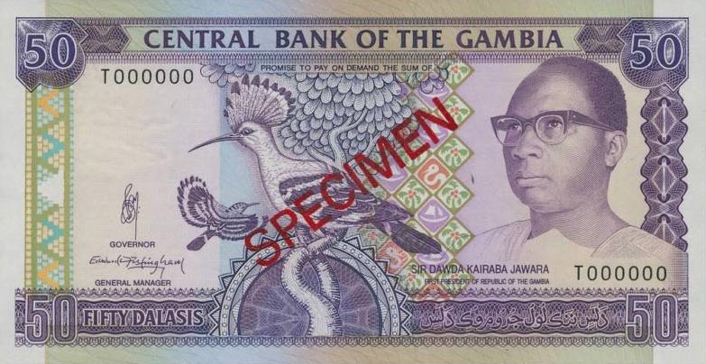 Front of Gambia p15s: 50 Dalasis from 1989