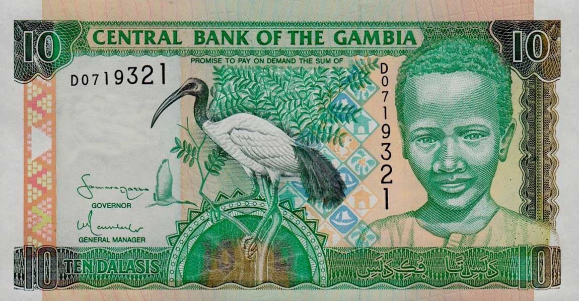 Front of Gambia p21c: 10 Dalasis from 2001