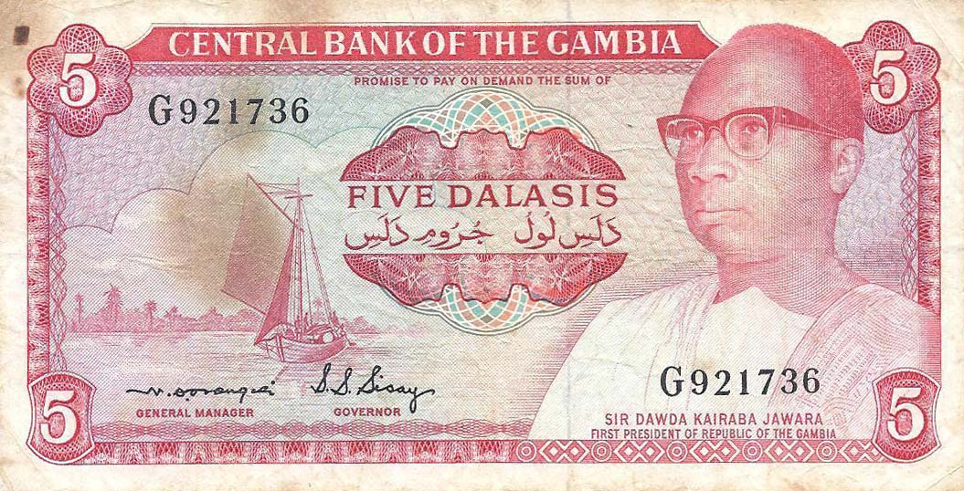 Front of Gambia p5b: 5 Dalasis from 1972