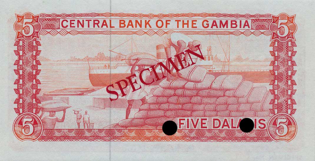 Back of Gambia p5s: 5 Dalasis from 1972