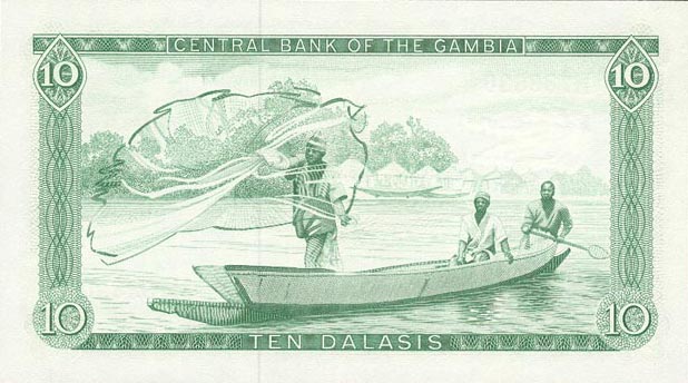 Back of Gambia p6c: 10 Dalasis from 1972
