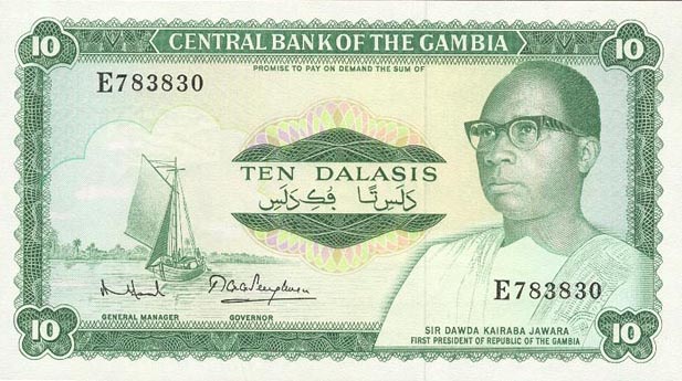 Front of Gambia p6c: 10 Dalasis from 1972