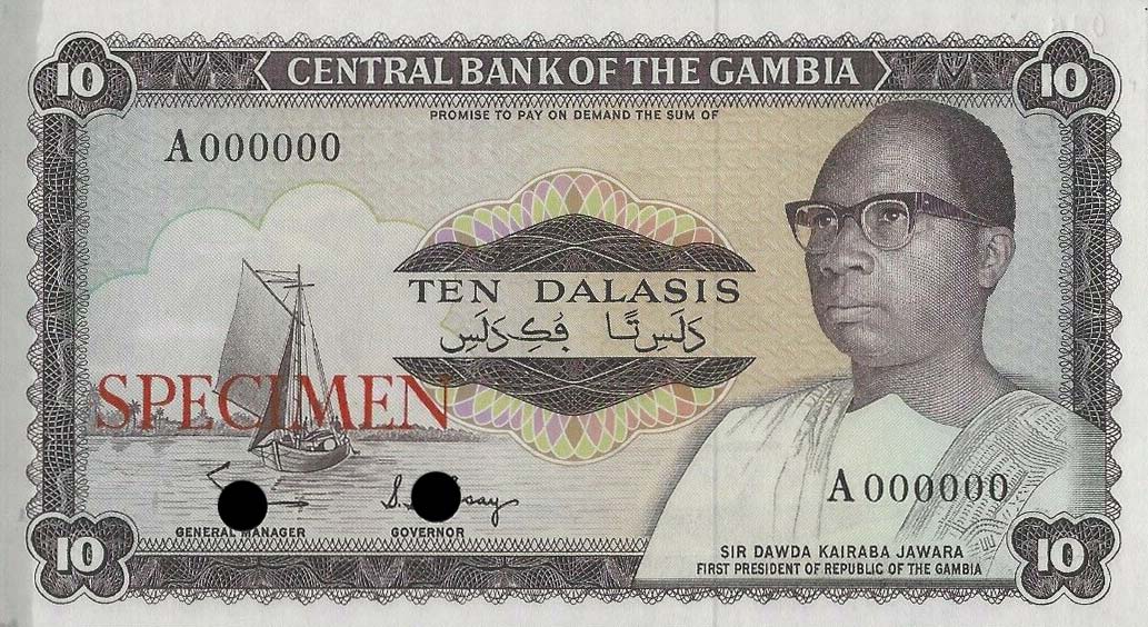 Front of Gambia p6ct: 10 Dalasis from 1972