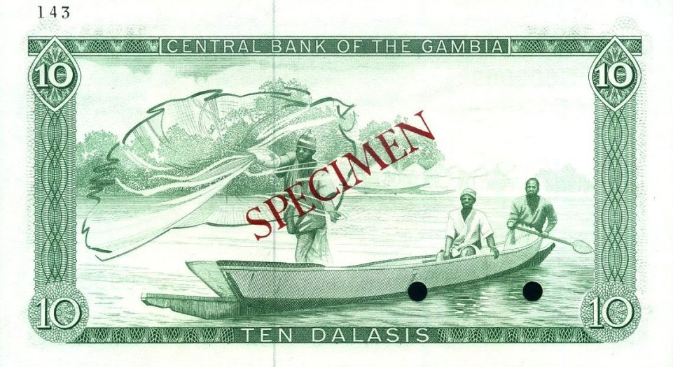 Back of Gambia p6s: 10 Dalasis from 1972