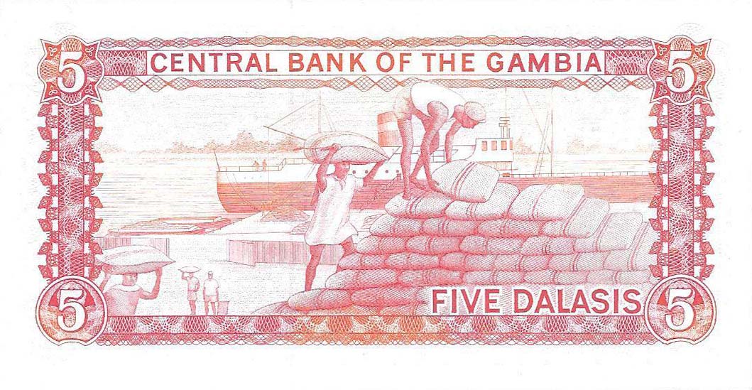 Back of Gambia p9a: 5 Dalasis from 1987