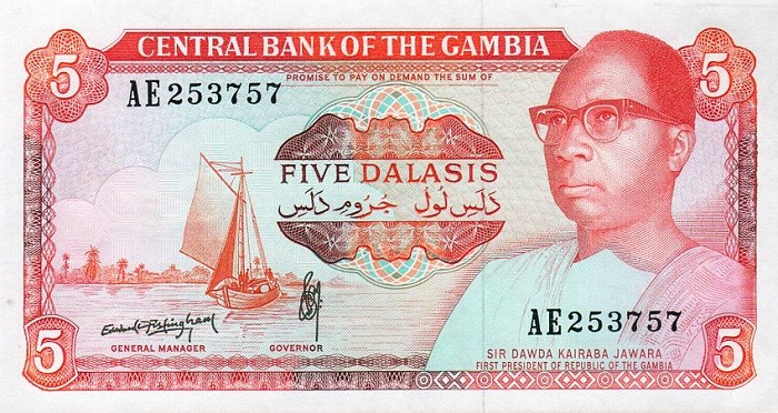 Front of Gambia p9b: 5 Dalasis from 1987