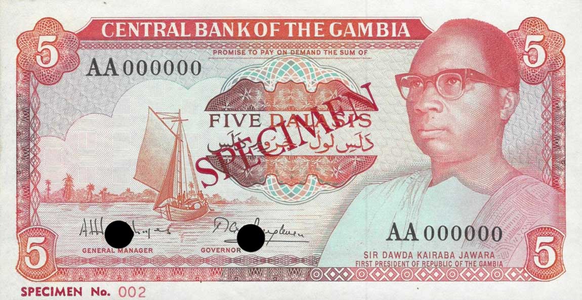 Front of Gambia p9s: 5 Dalasis from 1987