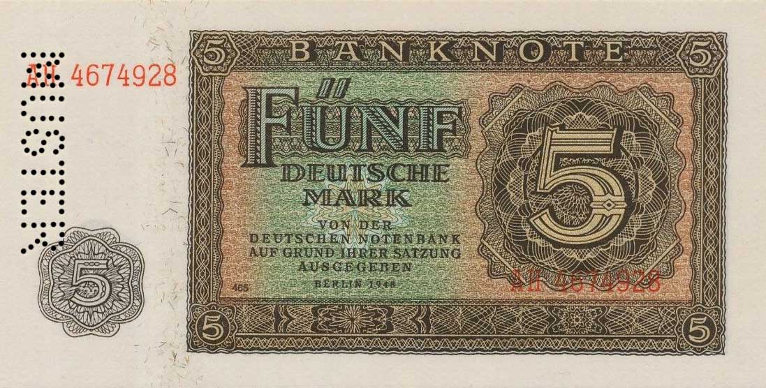 Front of German Democratic Republic p11s: 5 Deutsche Mark from 1948