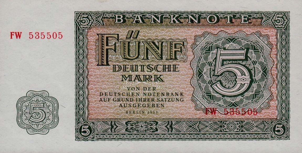 Front of German Democratic Republic p17a: 5 Deutsche Mark from 1955