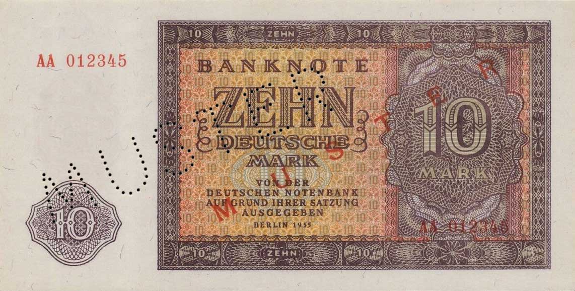 Front of German Democratic Republic p18s: 10 Deutsche Mark from 1955