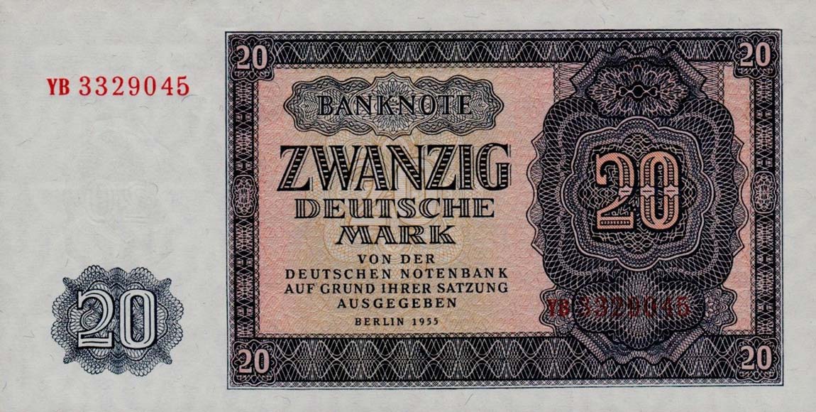 Front of German Democratic Republic p19a: 20 Deutsche Mark from 1955