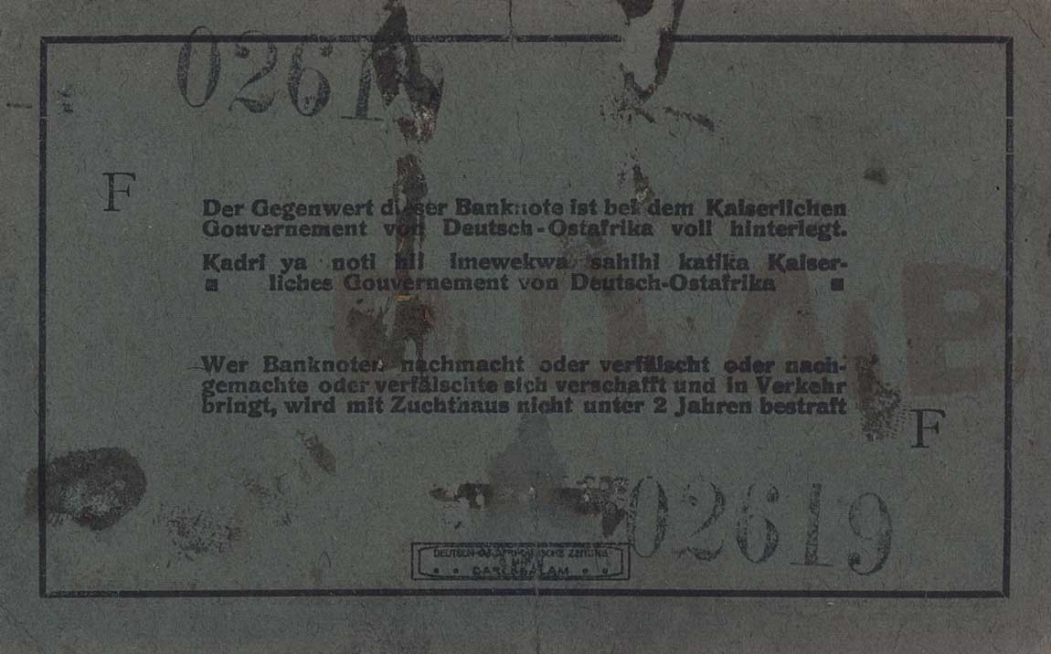 Back of German East Africa p34d: 5 Rupien from 1915