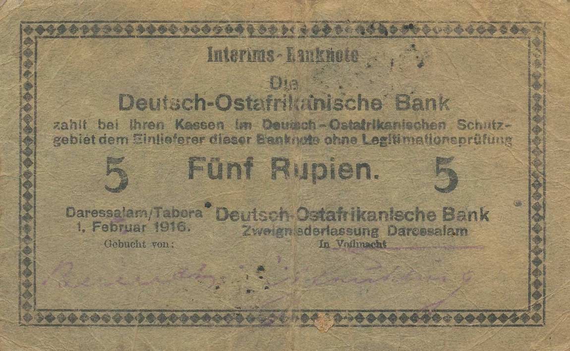 Front of German East Africa p36d: 5 Rupien from 1916