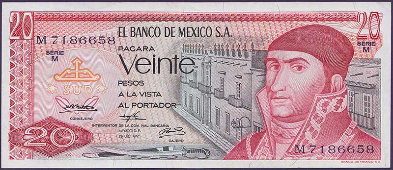 Mexico $20 Pesos Banco de Mexico DL.8.7.1977  P-64d 